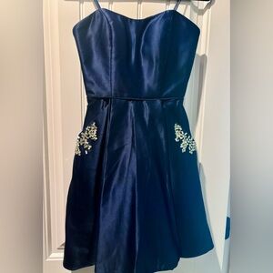 Strapless navy blue cocktail dress